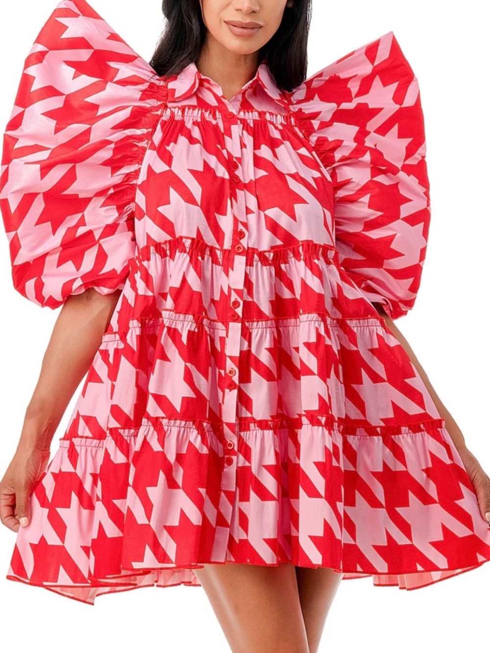 Karen Kane Red and Pink Houndstooth Puff-Sleeve Mini Dress
